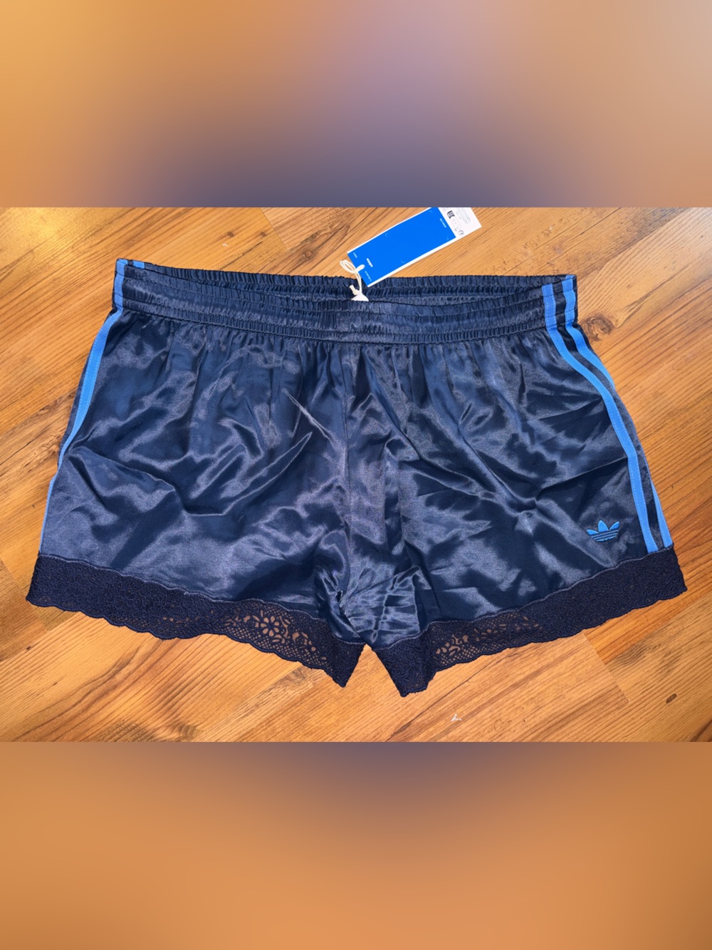 Adidas + ASOS Originals lace trim hem navy satin shorts L NWT - Picture 2 of 7